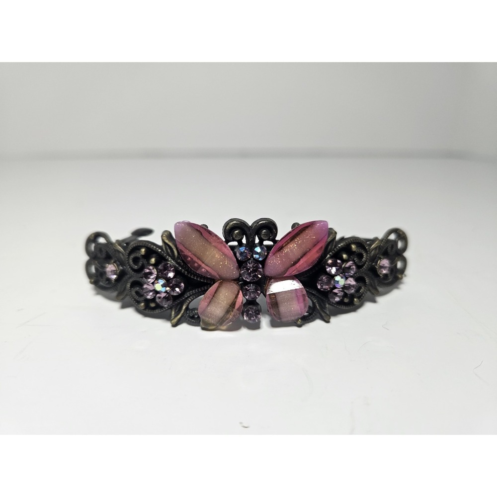 Antique Bronze Butterfly Hair Barrette Pink Rhinestone Lucite Clip Vintage